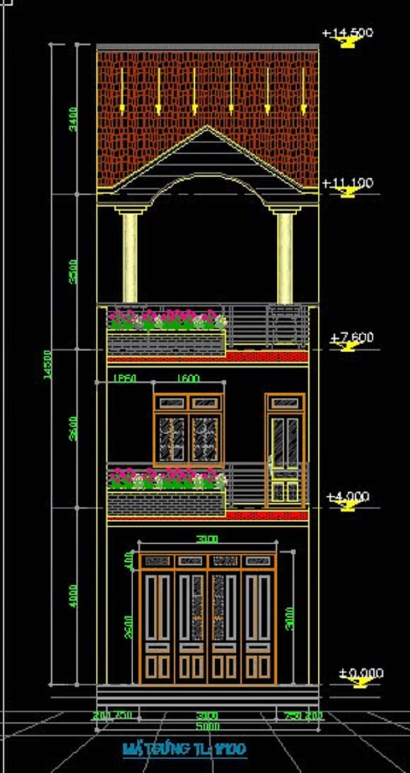 Bản vẽ cad nhà phố 5x20 phần mặt tiền chi tiết nhất