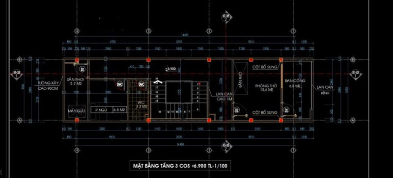 Bản vẽ cad mặt bằng tầng 3 chi tiết cho nhà phố 4x16m