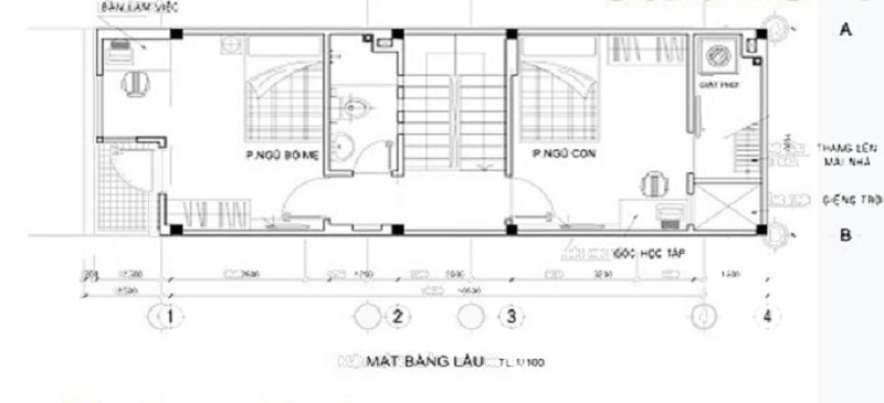 Bản vẽ cho tầng 2 cụ thể cho nhà ống 2 tầng 4m mặt tiền
