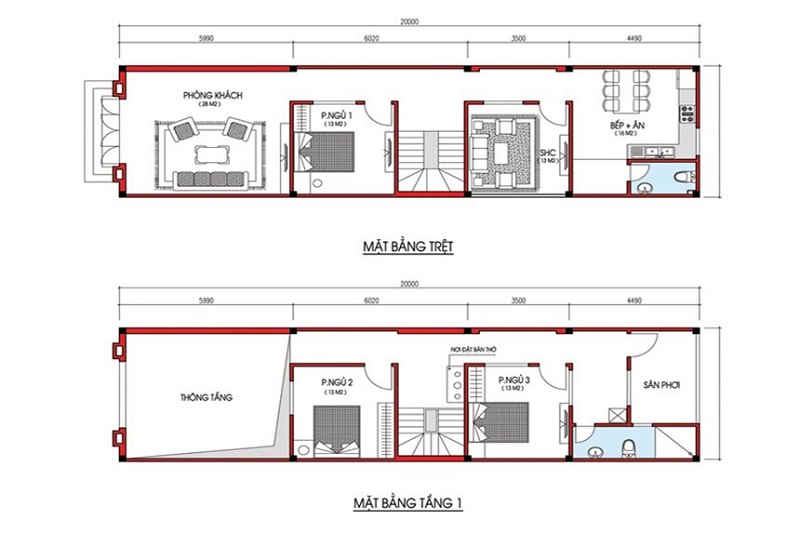 Bản vẽ mặt bằng của căn nhà ống rộng 4x20