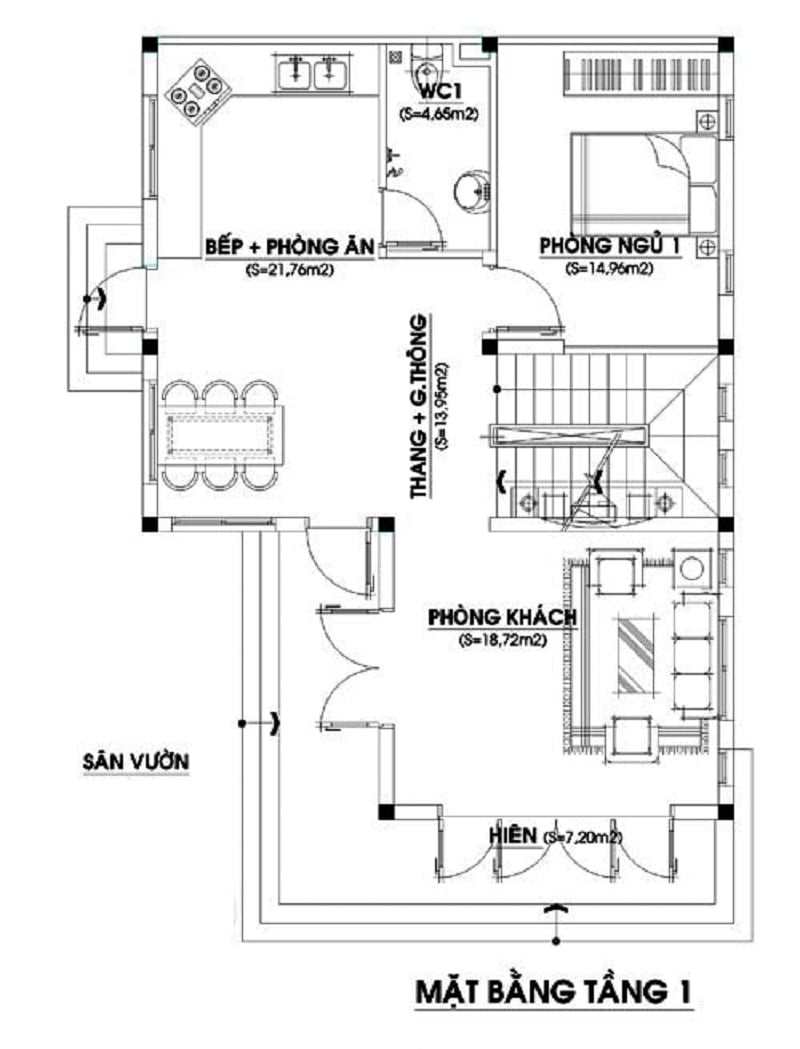 Bản vẽ mặt bằng tầng 1 cho nhà diện tích 90 m2