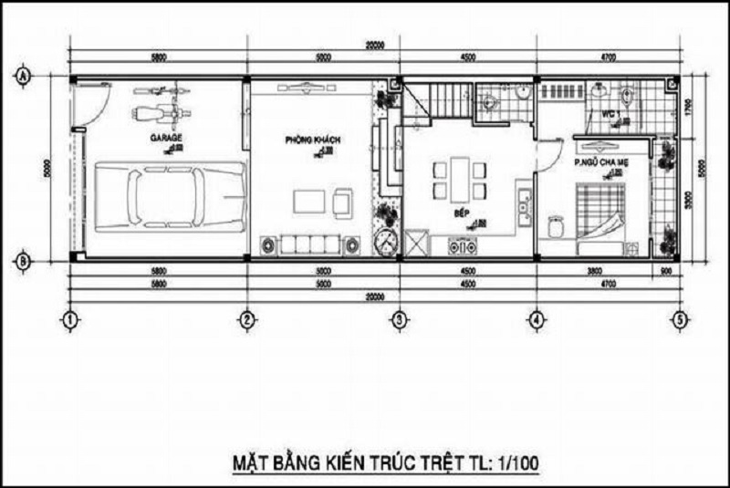 Bản vẽ mặt bằng tầng 1 nhà mặt tiền