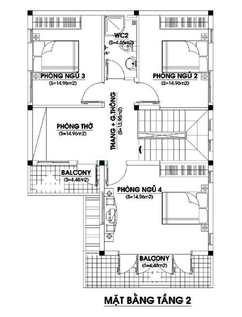 Bản vẽ mặt bằng tầng 2 cho nhà diện tích 90 m2