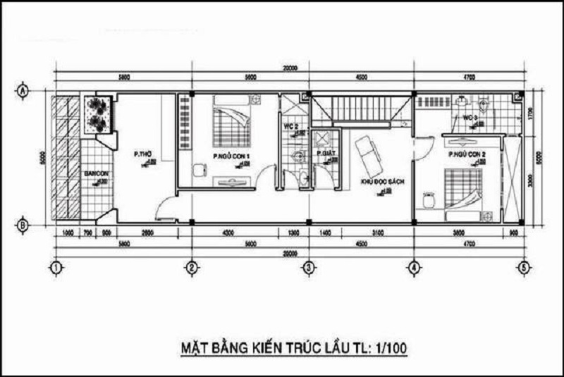 Bản vẽ mặt bằng tầng 2 nhà mặt tiền