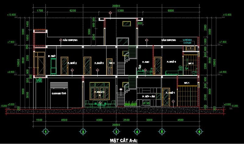 Bản vẽ mặt cắt phân tích rõ cấu trúc nhà