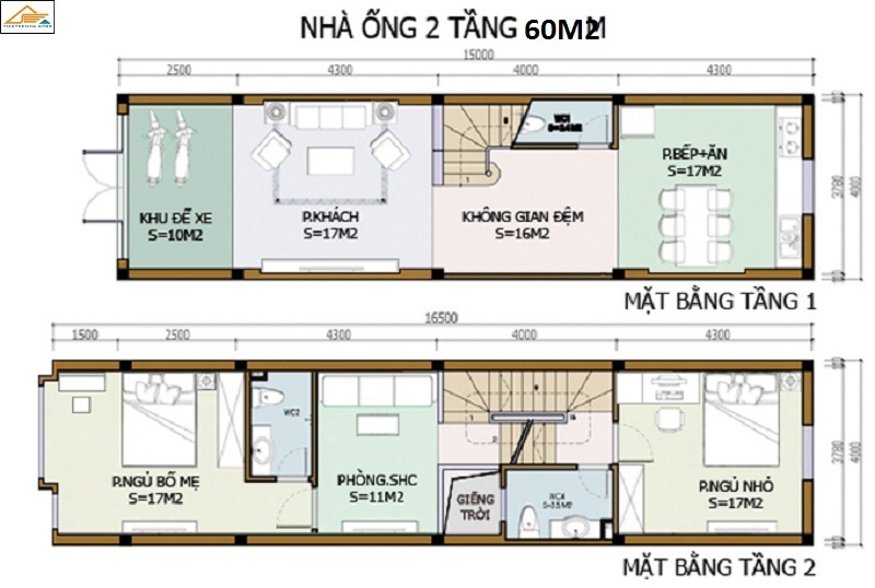 Bản vẽ nhà ống 2 tầng diện tích 60m2.