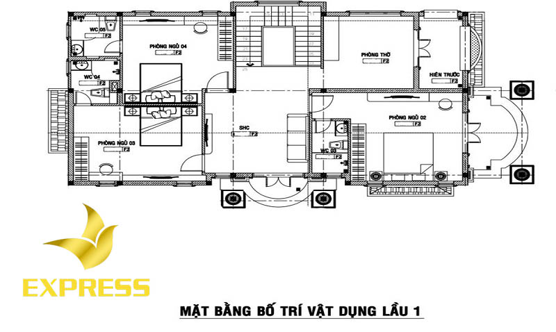 Bản vẽ tầng 1 cho không gian biệt thự phong cách Châu Âu