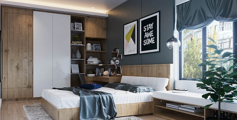Căn phòng ngủ với thiết kế trẻ trung và lắp đặt đầy đủ nội thất