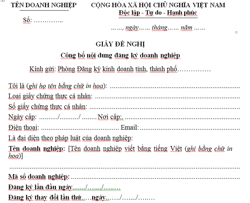 Công bố nội dung đăng ký của công ty