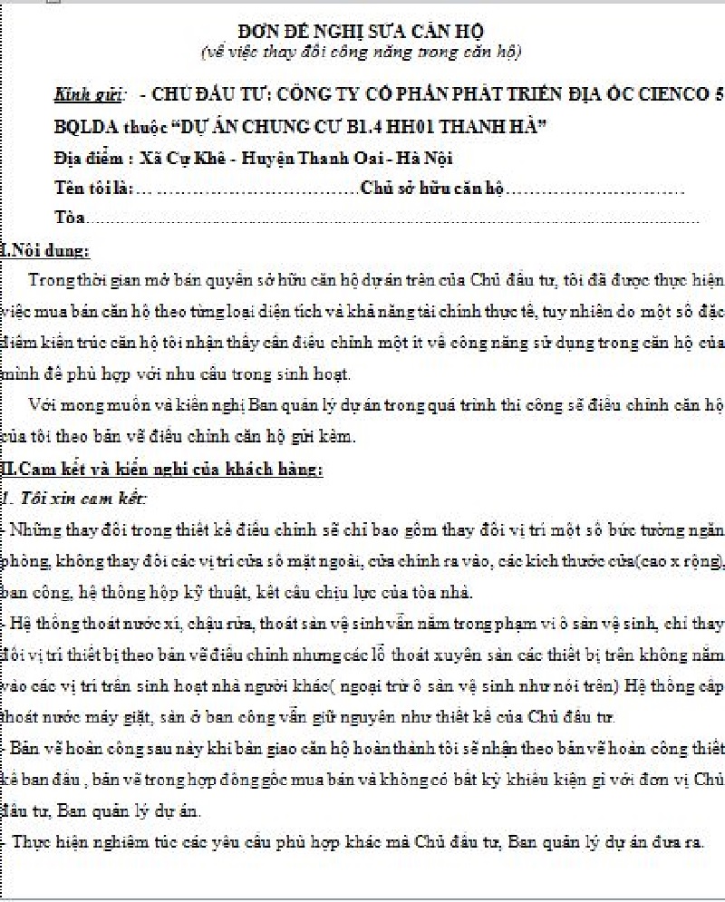 Đơn đề nghị sửa căn hộ