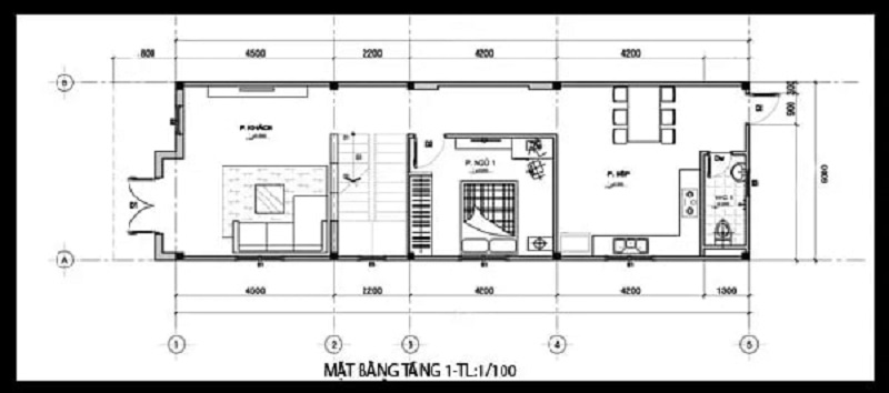 Mặt bằng tầng 1 thiết kế phòng khách-phòng ngủ và khu vực ăn uống