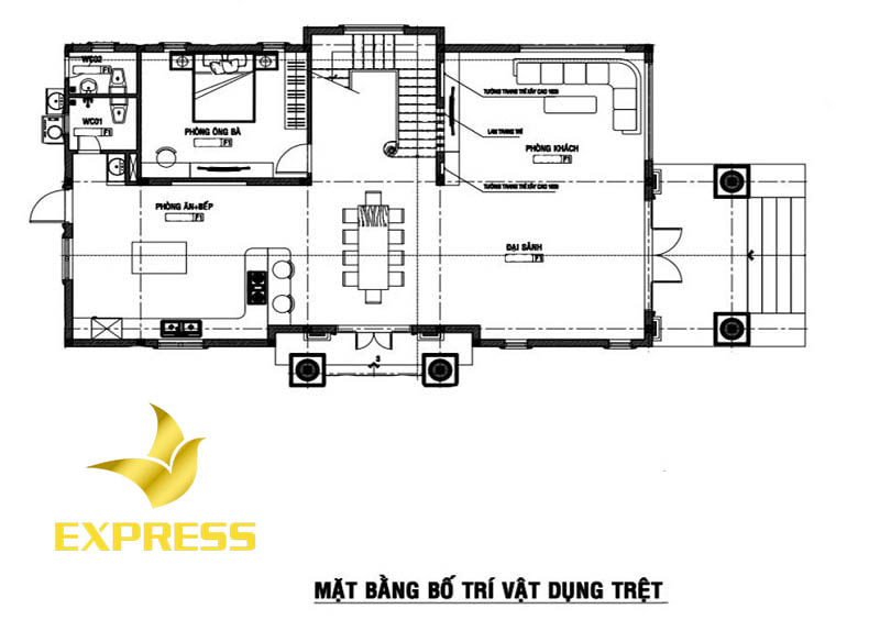 Mẫu bản vẽ tầng trệt cho căn nhà biệt thự