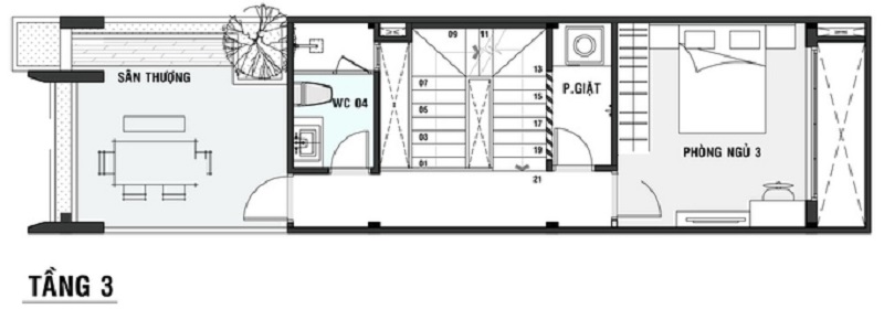 Mẫu vẽ mặt bằng tầng 3 của nhà phố 3 tầng 5x20