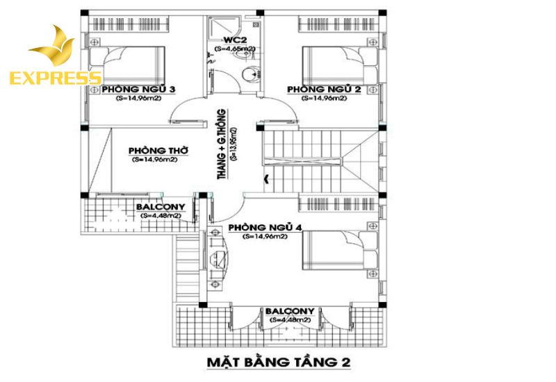 Bản vẽ mặt bằng biệt thự 2 tầng 4 phòng ngủ