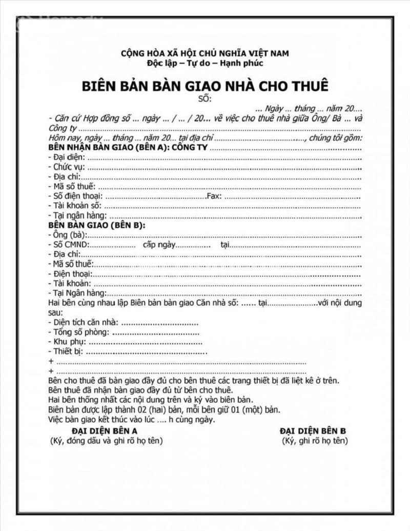 Tham khảo mẫu biên bản bàn giao nhà cho thuê chi tiết