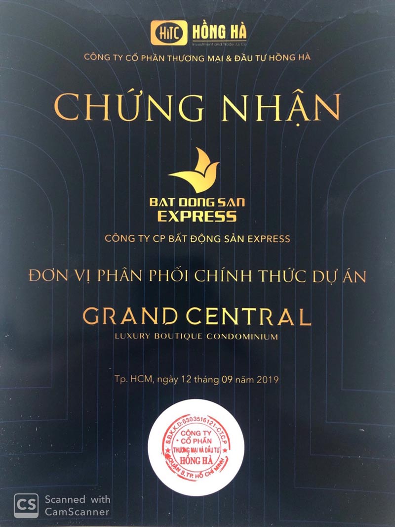 Chứng nhận Công Ty CP BẤT ĐỘNG SẢN EXPRESS chính thức là đơn vị phân phối F1 dự án hạng sang Grand Central